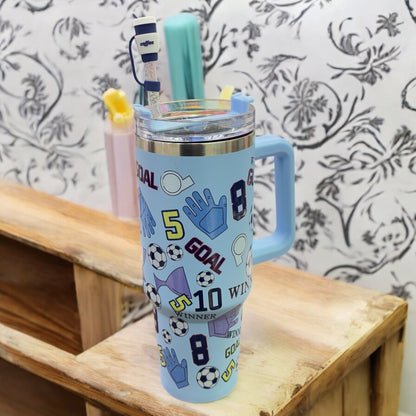 BLUE SOCCER 40oz TUMBLER CUP WITH HIGH QUALITY STRAW AND TOPPER