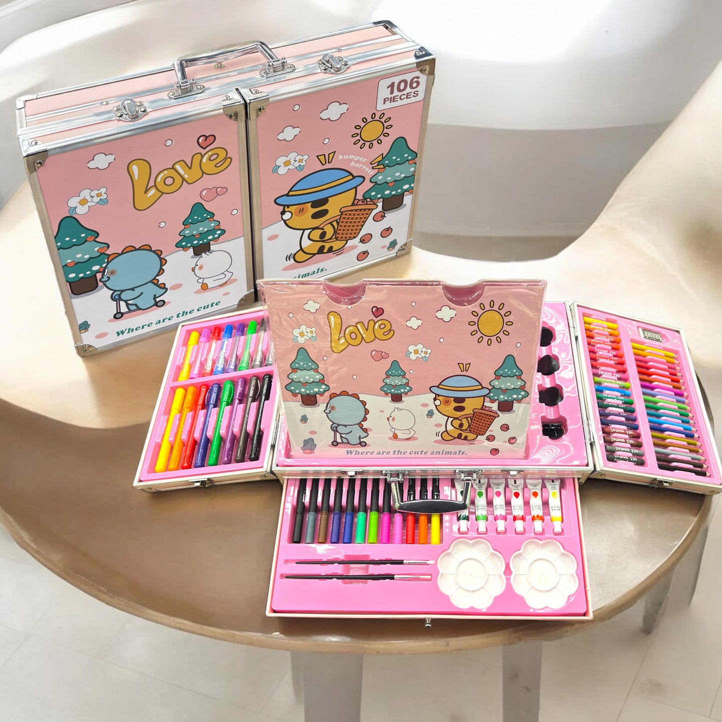 COLOUR KIT 106 PCS with a coloring book and a drawer filled with paint set and markers